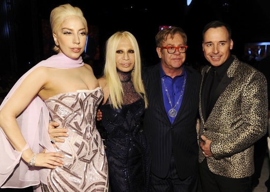 Lady Gaga, Donatella, Sir Elton John and David Furnish At The Elton John AIDS Foundation Viewing Party On March 2014
